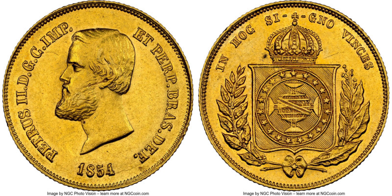 Pedro II gold 5000 Reis 1854 MS61 NGC, Rio de Janeiro mint, KM470, LMB-637a, Gui...