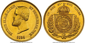 Pedro II gold 5000 Reis 1854 MS61 NGC, Rio de Janeiro mint, KM470, LMB-637a, Guimaraes-1854-1.1. Second type, crown with pearls. First year of issue. ...