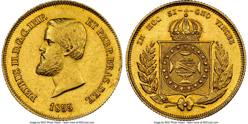 Pedro II gold 5000 Reis 1855 AU Details (Cleaned) NGC, Rio de Janeiro mint, KM47...