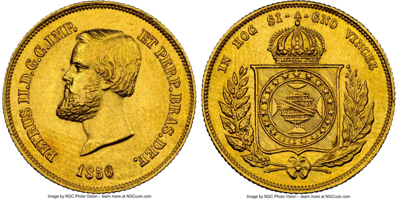 Pedro II gold 5000 Reis 1856 UNC Details (Cleaned) NGC, Rio de Janeiro mint, KM4...
