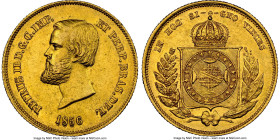 Pedro II gold 5000 Reis 1856 AU58 NGC, Rio de Janeiro mint, KM470, LMB-639, Guimaraes-1856-1.1. First type, crown of thorns. Doubled date variety. A c...