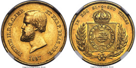 Pedro II gold 5000 Reis 1857 AU58 NGC, Rio de Janeiro mint, KM470, LMB-640a, Guimaraes-1857-1.1. Second type, crown with pearls. Bearing the second fi...