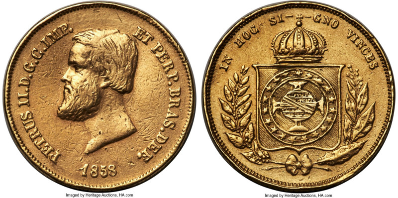 Pedro II gold 5000 Reis 1858 XF (Engraved Devices), Rio de Janeiro mint, KM470, ...