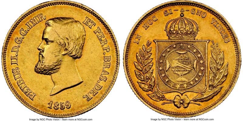 Pedro II gold 5000 Reis 1859 AU Details (Cleaned) NGC, Rio de Janeiro mint, KM47...