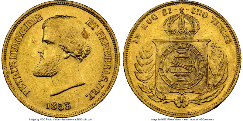 Pedro II gold 10000 Reis 1853 AU58 NGC, Rio de Janeiro mint, KM467, LMB-643, Gui...