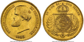 Pedro II gold 10000 Reis 1853 AU58 NGC, Rio de Janeiro mint, KM467, LMB-643, Guimaraes-1853-1.1. First type, pearl on central meridian in globe. First...
