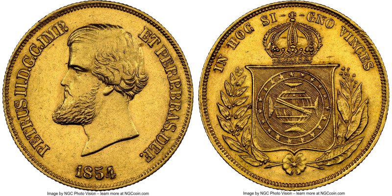 Pedro II gold 10000 Reis 1854 AU58 NGC, Rio de Janeiro mint, KM467, LMB-644, Gui...