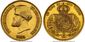 Pedro II gold 10000 Reis 1854 AU58 NGC, Rio de Janeiro mint, KM467, LMB-644, Guimaraes-1854-1.1. First type, pearl on central meridian in globe. Scint...