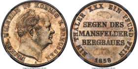 Prussia. Friedrich Wilhelm IV "Mining" Taler 1858-A MS65 NGC, Berlin mint, KM472, Dav-776, Thun-263. Incuse edge lettering. The single-finest specimen...