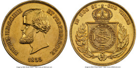 Pedro II gold 10000 Reis 1855 AU Details (Removed From Jewelry) NGC, Rio de Janeiro mint, KM467, LMB-645, Guimaraes-1855-1.1. First type, pearl on cen...