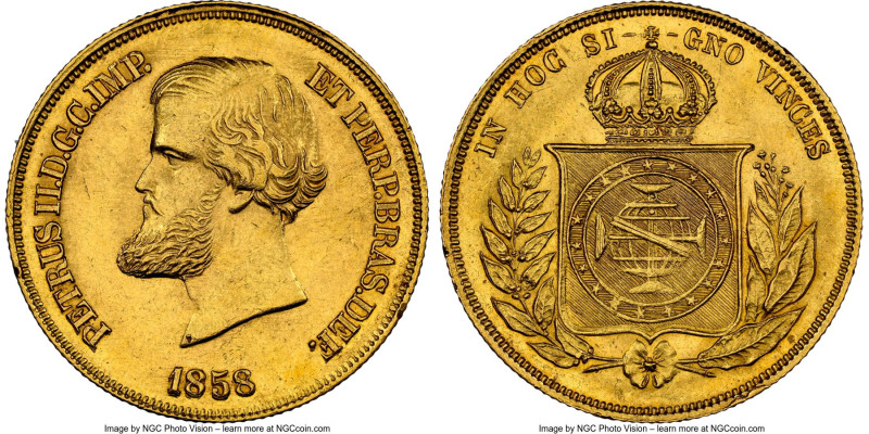 Pedro II gold 10000 Reis 1858 MS63 NGC, Rio de Janeiro mint, KM467, LMB-648, Gui...