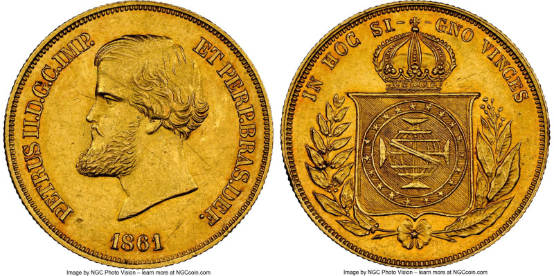 Pedro II gold 10000 Reis 1861 UNC Details (Obverse Scratched) NGC, Rio de Janeir...