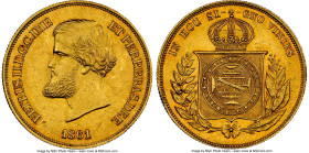 Pedro II gold 10000 Reis 1861 UNC Details (Obverse Scratched) NGC, Rio de Janeiro mint, KM467, LMB-650, Guimaraes-1861-1.1. First type, pearl on centr...