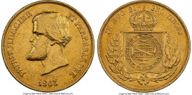 Pedro II gold 10000 Reis 1863 VF Details (Removed From Jewelry) NGC, Rio de Janeiro mint, KM467, LMB-651, Guimaraes-1863-1.1. First type, pearl on cen...