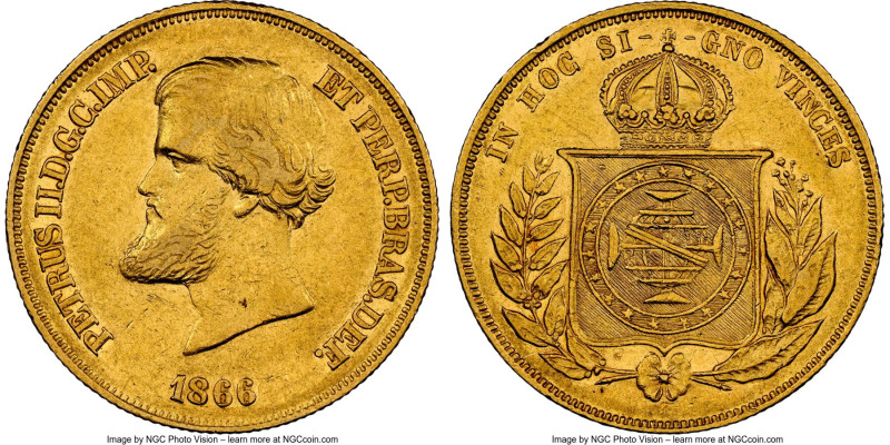 Pedro II gold 10000 Reis 1866 AU50 NGC, Rio de Janeiro mint, KM467, LMB-653, Gui...