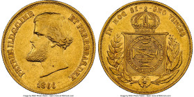 Pedro II gold 10000 Reis 1866 AU50 NGC, Rio de Janeiro mint, KM467, LMB-653, Guimaraes-1866-1.1. First type, pearl on central meridian in globe. A pro...