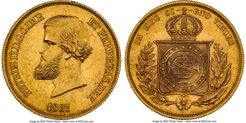 Pedro II gold 10000 Reis 1867 UNC Details (Obverse Cleaned) NGC, Rio de Janeiro ...