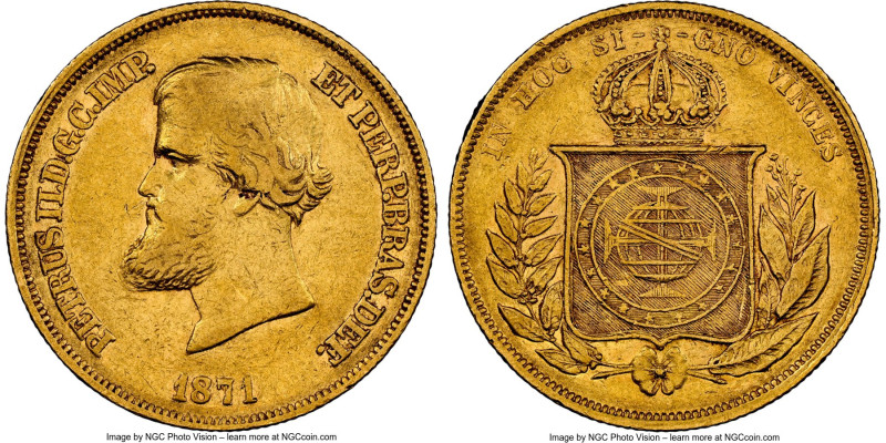 Pedro II gold 10000 Reis 1871 XF45 NGC, Rio de Janeiro mint, KM467, LMB-655, Gui...