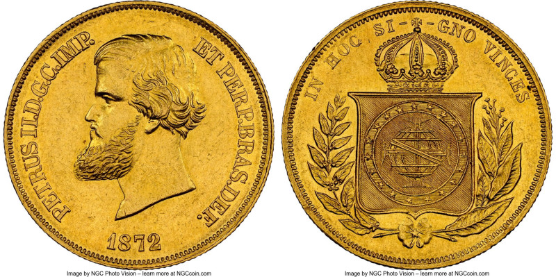 Pedro II gold 10000 Reis 1872 MS62 NGC, Rio de Janeiro mint, KM467, LMB-656, Gui...