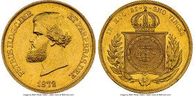Pedro II gold 10000 Reis 1872 MS62 NGC, Rio de Janeiro mint, KM467, LMB-656, Guimaraes-1872-1.1. Second type, no pearl on central meridian in globe. A...