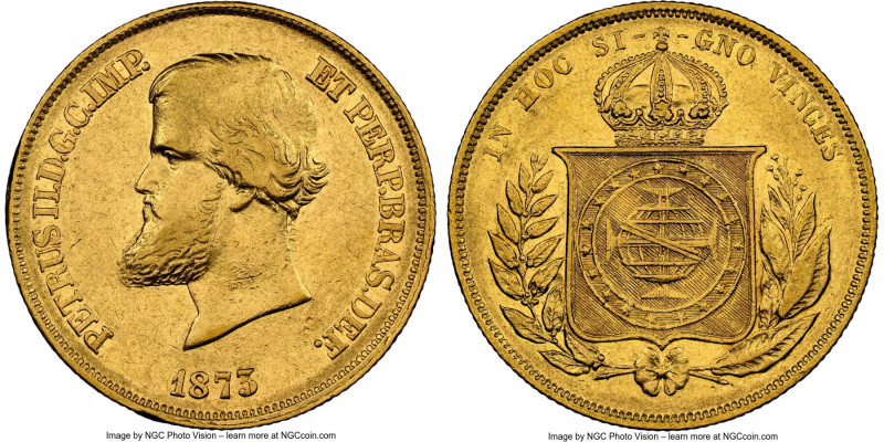 Pedro II gold 10000 Reis 1873 AU53 NGC, Rio de Janeiro mint, KM467, LMB-657, Gui...