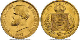 Pedro II gold 10000 Reis 1873 AU53 NGC, Rio de Janeiro mint, KM467, LMB-657, Guimaraes-1873-1.1. Second type, no pearl on central meridian in globe. P...