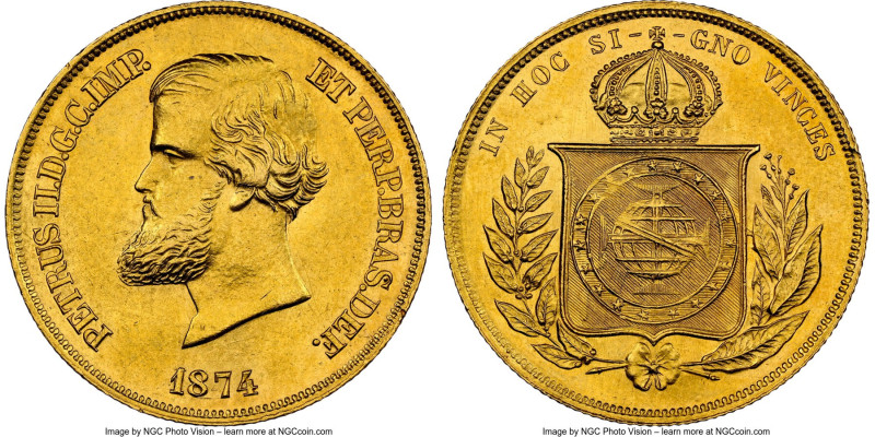 Pedro II gold 10000 Reis 1874 MS64 NGC, Rio de Janeiro mint, KM467, LMB-658, Gui...