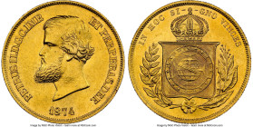 Pedro II gold 10000 Reis 1874 MS64 NGC, Rio de Janeiro mint, KM467, LMB-658, Guimaraes-1874-1.1. Second type, no pearl on central meridian in globe. S...