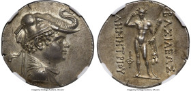 BACTRIAN KINGDOM. Demetrius I (ca. 200-185 BC). AR tetradrachm (30mm, 16.93 gm, 12h). NGC MS S 5/5 - 5/5, Fine Style. Diademed, draped bust of Demetri...