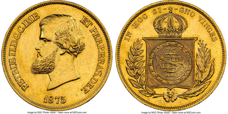 Pedro II gold 10000 Reis 1875 AU Details (Cleaned) NGC, Rio de Janeiro mint, KM4...