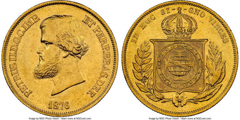 Pedro II gold 10000 Reis 1876 AU55 NGC, Rio de Janeiro mint, KM467, LMB-660, Gui...