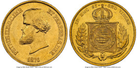 Pedro II gold 10000 Reis 1876 AU55 NGC, Rio de Janeiro mint, KM467, LMB-660, Guimaraes-1876-1.1. Second type, no pearl on central meridian in globe. G...