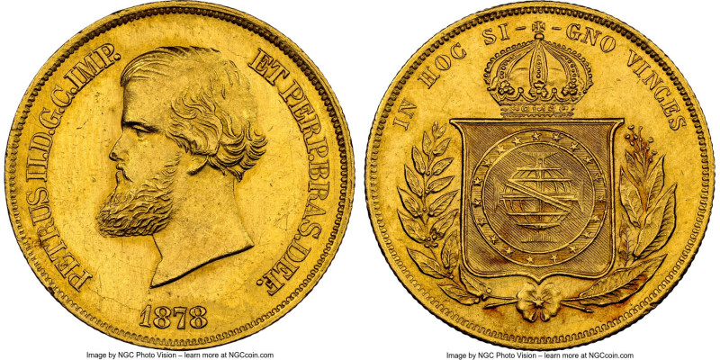 Pedro II gold 10000 Reis 1878 MS62 NGC, Rio de Janeiro mint, KM467, LMB-662, Gui...