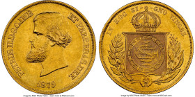 Pedro II gold 10000 Reis 1879 AU53 NGC, Rio de Janeiro mint, KM467, LMB-663, Guimaraes-1879-1.1. Second type, no pearl on central meridian in globe. M...
