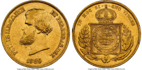 Pedro II gold 10000 Reis 1880 AU55 NGC, Rio de Janeiro mint, KM467, LMB-664, Guimaraes-1880-1.1. Second type, no pearl on central meridian in globe. M...