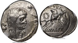 Marc Antony, as Consul (43-30 BC), with P. Sepullius Macer, as Moneyer. AR denarius (19mm, 4.01 gm, 9h). NGC MS 4/5 - 4/5. Rome, April-May 44 BC. Veil...
