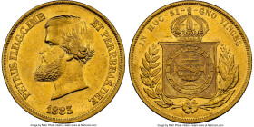 Pedro II gold 10000 Reis 1883 AU55 NGC, Rio de Janeiro mint, KM467, LMB-666, Guimaraes-1883-1.1. Second type, no pearl on central meridian in globe. M...