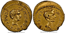 Octavian, as Consul (ca. 43 BC), with Julius Caesar, as Dictator Perpetuo and Pontifex Maximus. AV aureus (20mm, 8.10 gm, 2h). NGC VF 5/5 - 2/5, scuff...
