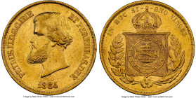 Pedro II gold 10000 Reis 1884 AU55 NGC, Rio de Janeiro mint, KM467, LMB-667, Guimaraes-1884-1.1. Second type, no pearl on central meridian in globe. M...