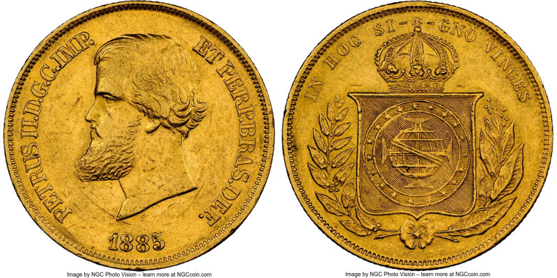 Pedro II gold 10000 Reis 1885 AU Details (Obverse Cleaned) NGC, Rio de Janeiro m...