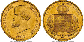 Pedro II gold 10000 Reis 1887 AU55 NGC, Rio de Janeiro mint, KM467, LMB-670, Guimaraes-1887-1.1. Second type, no pearl on central meridian in globe. M...