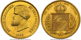 Pedro II gold 10000 Reis 1889 MS62 NGC, Rio de Janeiro mint, KM467, LMB-672, Guimaraes-1889-1.1. Second type, no pearl on central meridian in globe. I...