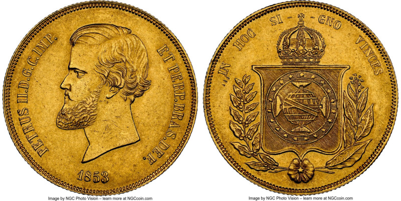 Pedro II gold 20000 Reis 1853 MS62 NGC, Rio de Janeiro mint, KM468, LMB-673, Gui...