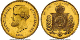 Pedro II gold 20000 Reis 1853 MS62 NGC, Rio de Janeiro mint, KM468, LMB-673, Guimaraes-1853-1.1. Showing no circulation wear to the sharp devices and ...