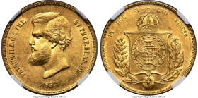 Pedro II gold 20000 Reis 1853 AU58 NGC, Rio de Janeiro mint, KM468, LMB-673, Guimaraes-1853-1.1. Fully-struck and retaining luminous crevices. Ex. Gua...