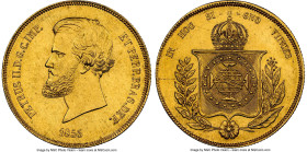 Pedro II gold 20000 Reis 1855 MS61 NGC, Rio de Janeiro mint, KM468, LMB-675, Guimaraes-1855-1.1. Showing shades of luster across the crisp peripheries...
