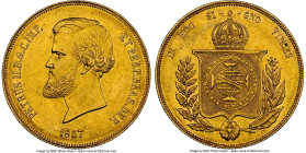 Pedro II gold 20000 Reis 1857 UNC Details (Obverse Cleaned) NGC, Rio de Janeiro mint, KM468, LMB-677, Guimaraes-1857-1.1. Virtually free of wear and s...