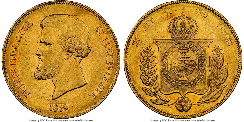 Pedro II gold 20000 Reis 1859 AU53 NGC, Rio de Janeiro mint, KM468, LMB-679, Gui...