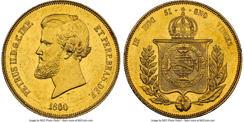 Pedro II gold 20000 Reis 1860 AU Details (Cleaned) NGC, Rio de Janeiro mint, KM4...