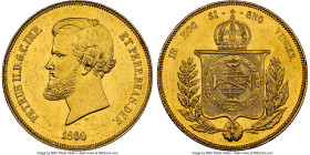 Pedro II gold 20000 Reis 1860 AU Details (Cleaned) NGC, Rio de Janeiro mint, KM468, LMB-680, Guimaraes-1860-1.1. Displaying sharp, harvest gold surfac...